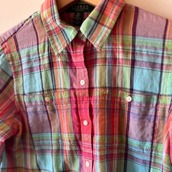 Lauren Ralph Lauren Vintage Plaid Cotton Button Down Top Petite Medium - Picture 8 of 9